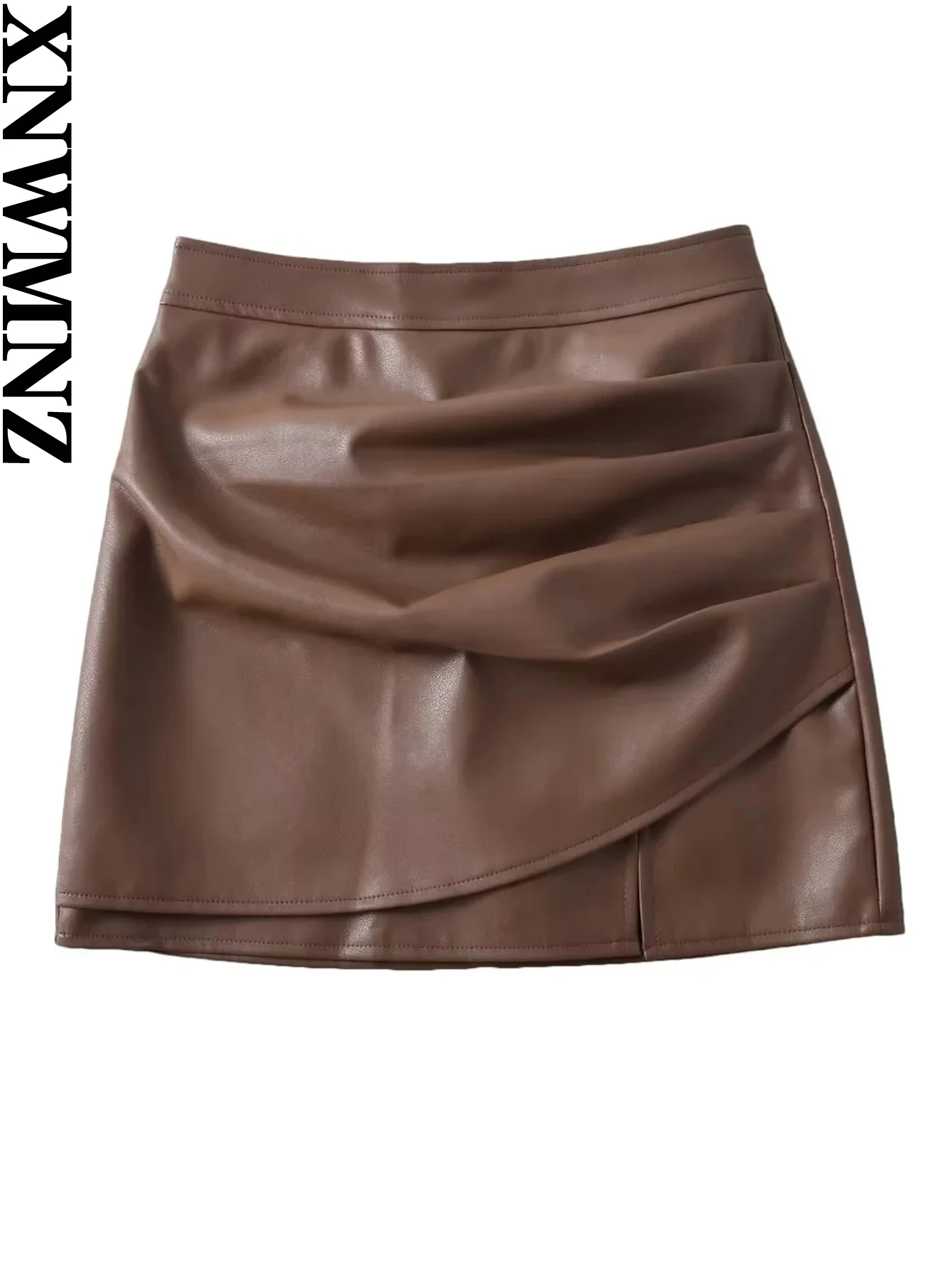 

XNWMNZ Women's Fashion 2023 Faux Leather PU Mini Skirt Women Vintage High Waist Side Pleats A-line Versatile Female Skirt