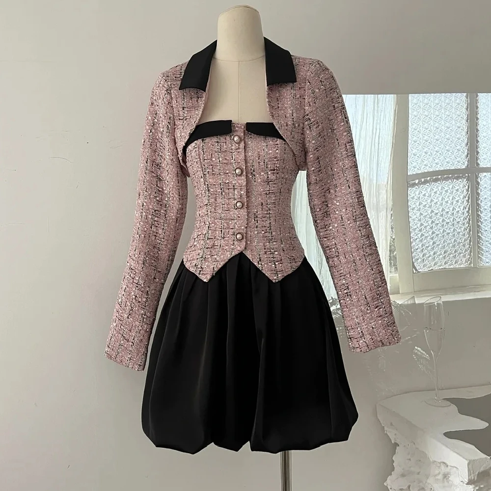 

Vintage Small Fragrance Two Piece Set Women Crop Top UltraShort Jacket Coat + Strapless Patchwork Mini Skirts Sets 2 Piece Suit