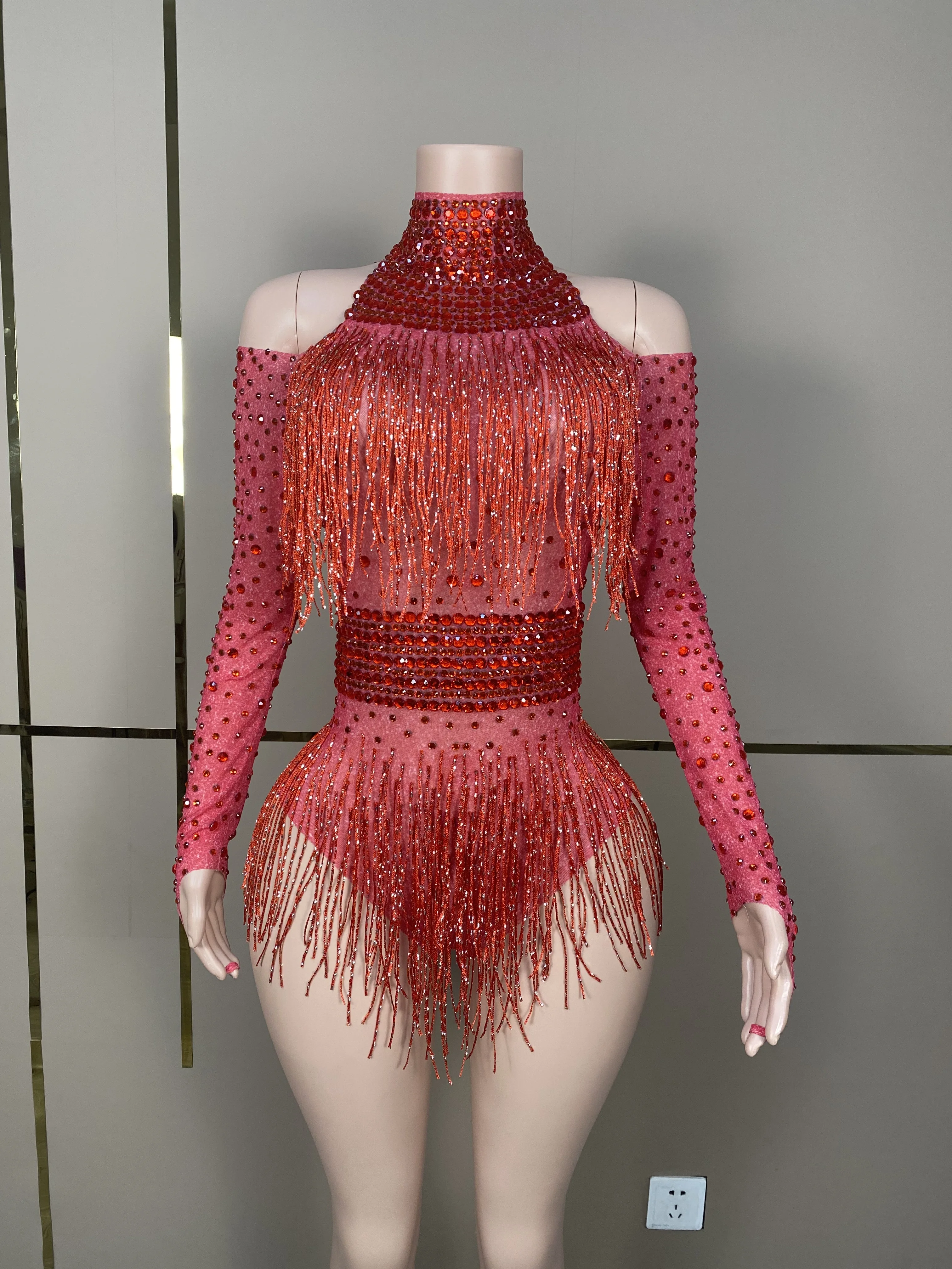 

Red Rhinestones Tassels Mesh Bodysuit Female Singer DJ Celebrate Performance Costume Birthday Evening Dance Outfit