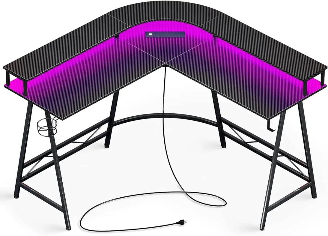 L Shaped Desk Gaming Desk with LED Lights & Power Outlets, Computer Desk with Monitor Shelves high resolution float shipping fish finder camera 7 screen underwater monitor system ip68 waterproof night lights adjustable