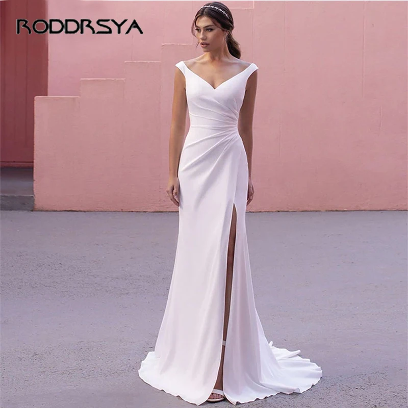 Satin Spaghetti Straps Side Slit Wedding Dress for Women V Neck Sleeveless Pleat Open Back