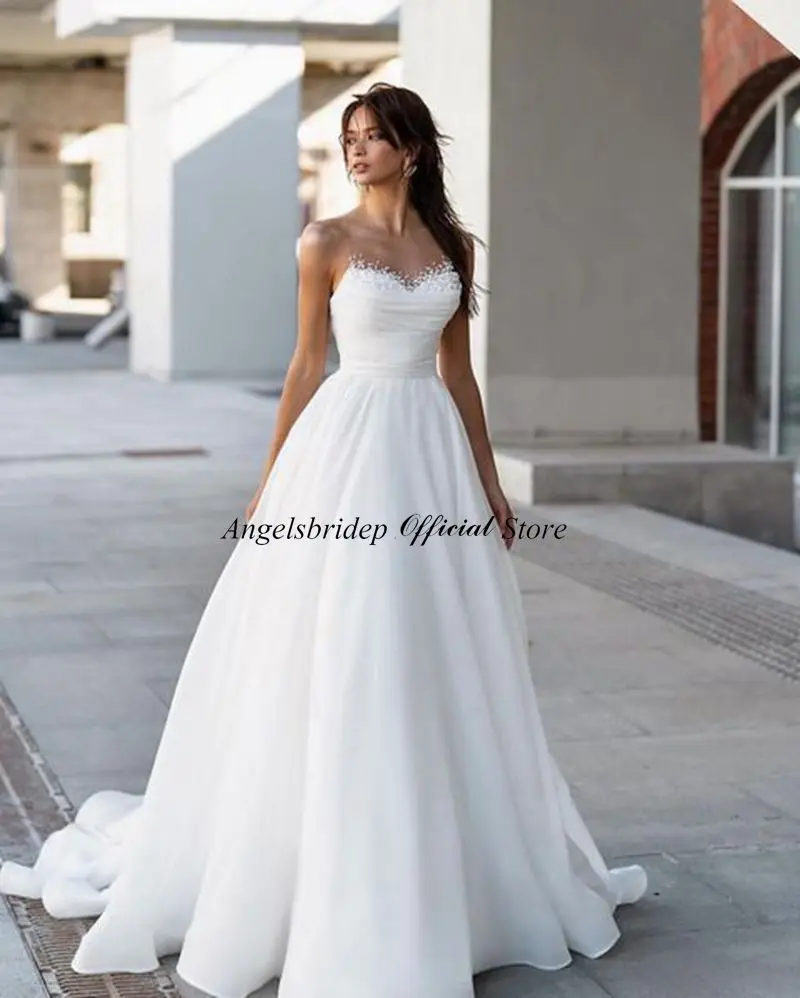 Angelsbridep Customized High Neck Zip Sequins Bridal Gowns Vestidos De Novia For Women Aso Ebi Organza A-line Wedding Dresses