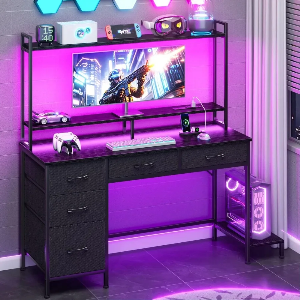 New2025-Computer Gaming Desk with Hutch, Home Office Desk with Power Outlets, LED Light, 5 Storage Drawers, 2 Tiers Shelves for