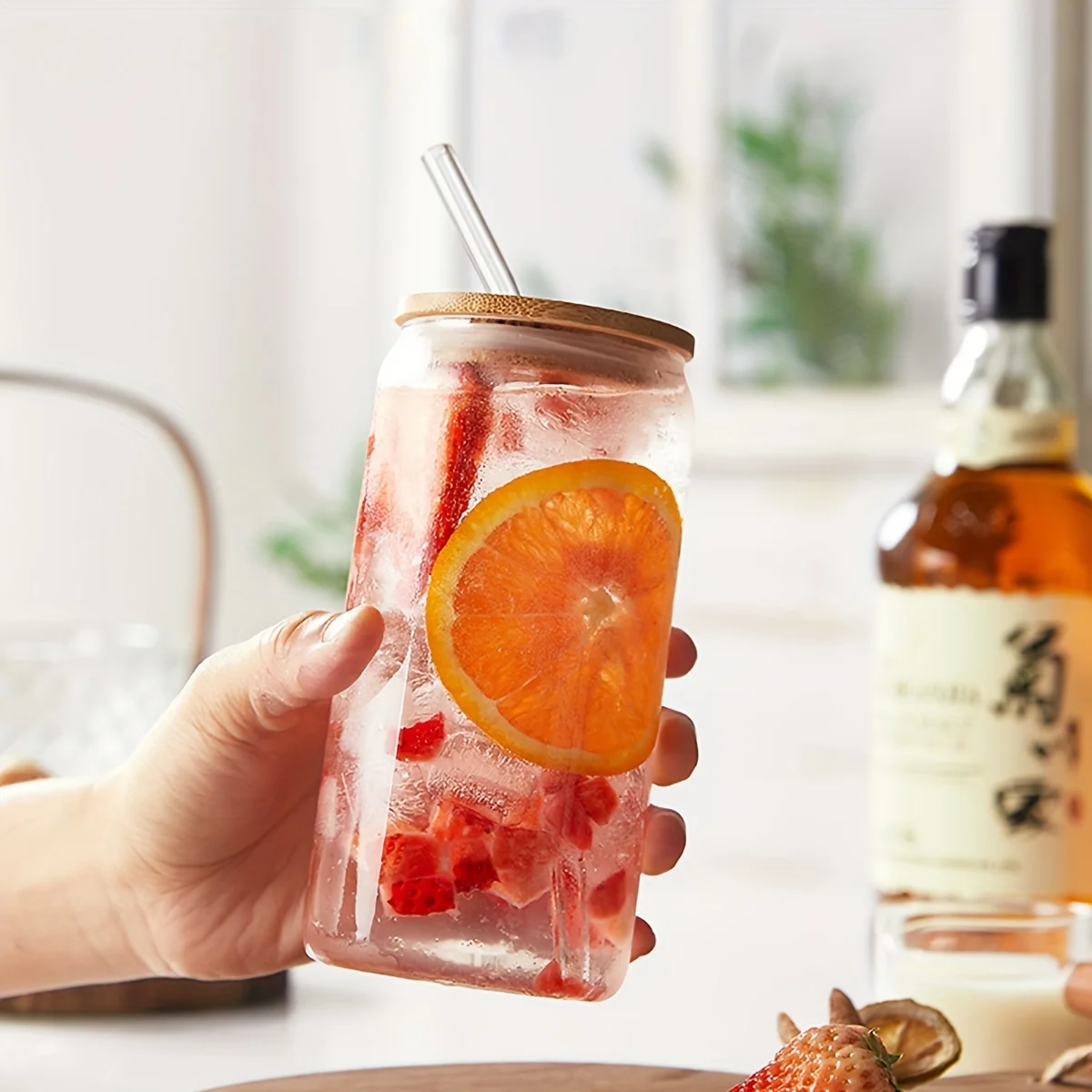 Bamboo lid glass water cup with large straws