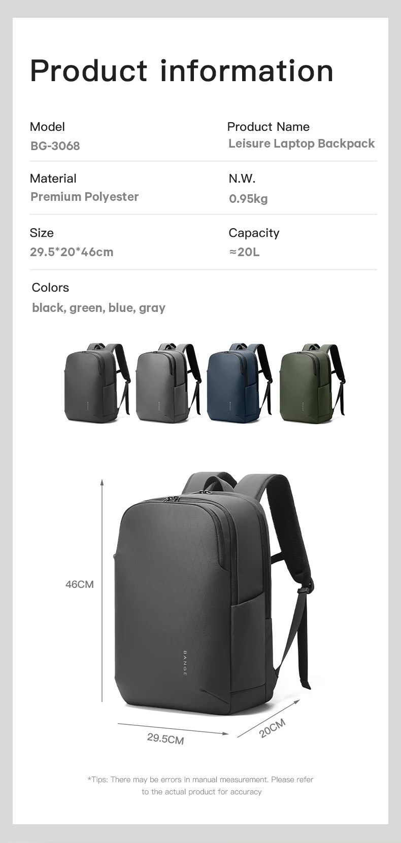 Bange BG-3068 Waterproof 15.6-Inch Multi-Pocket Business Trip Backpack description image 12