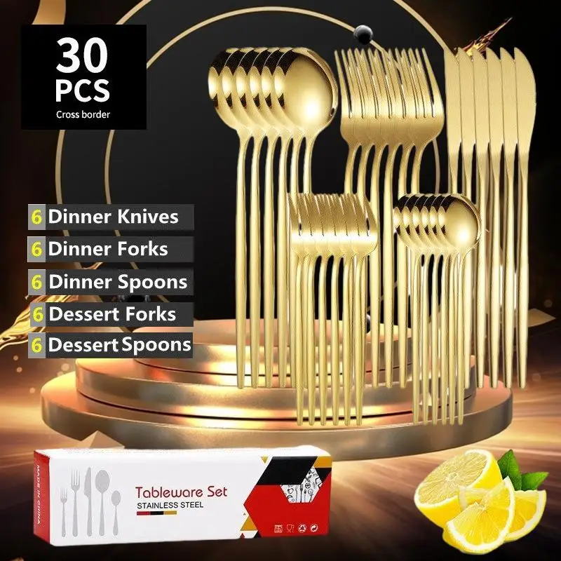 

Stainless Steel Tableware Portuguese Knife And Fork Set Of 30 Pieces Western Food Golden Steak Knife And Fork Spoon