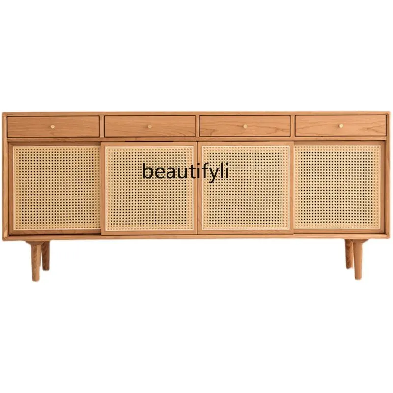 

Nordic Solid Wood Rattan Sideboard Cabinet Living Room Log Locker Simple Modern Multi-Functional Storage Cabinet furniture