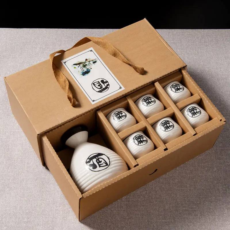 250ml Vintage Ceramic Sake Pot with 6 Cups Set Japanese Cuisine Sake Bottle Spirit Set Shot Glasses