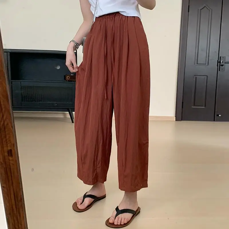 Summer New Casual Loose Slim Fabric Super Soft High Waist Versatile 9-point Harlan Pants elmsk super loose and asexual with ink dot denim harlan pants washed light blue harbor style dad pants