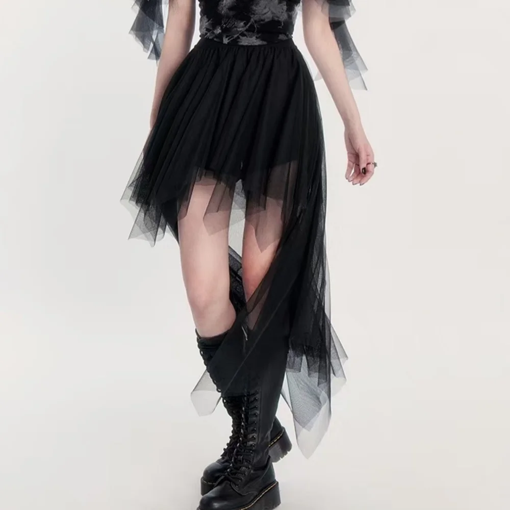 Sexy Gothic Skirts For Women Hotsweet Irregular Mesh Black Skirt Streetwear Elastic Waist Front Short Back Long Y2K Lady's Skirt