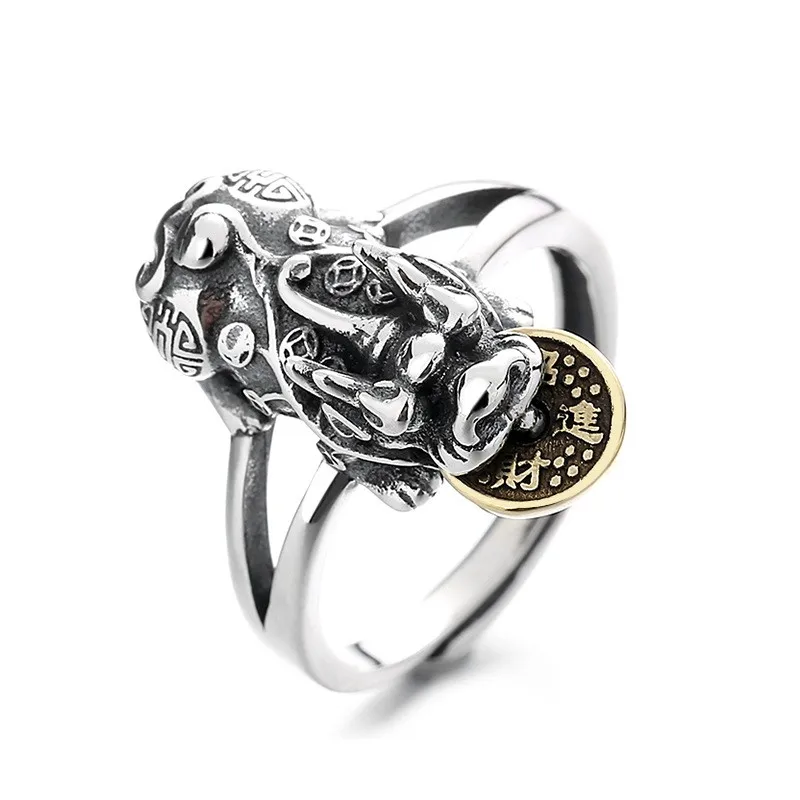 

723JM ZFSILVER Silver S925 Fashion Trendy Adjustable Retro Creative Rotatable Coins Brave Troops Ring For Women Wedding Jewelry