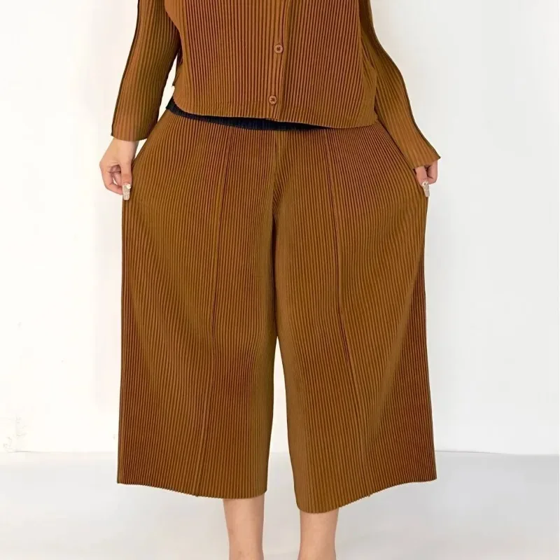 

Miyake Pleated Women's Loose Wide Leg Pants Fashion Commuter Black Retro Designer Straight Leg 7/4 Pants
