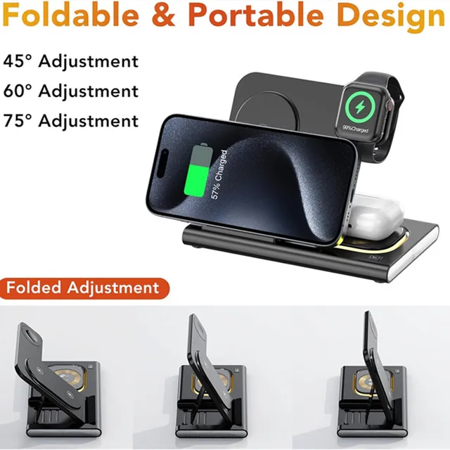 300W Foldable 3 In 1 Wireless Charger Stand Pad Desktop Fast Charging Station For iPhone 16 15 14 13 Samsung Apple Watch Airpods 2