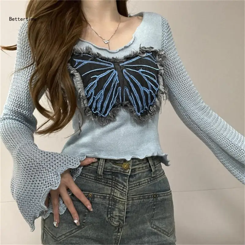 

B36D Women's Pullover Sweater Flared Long Sleeve Knit Shirt Tops Fitted T-shirts