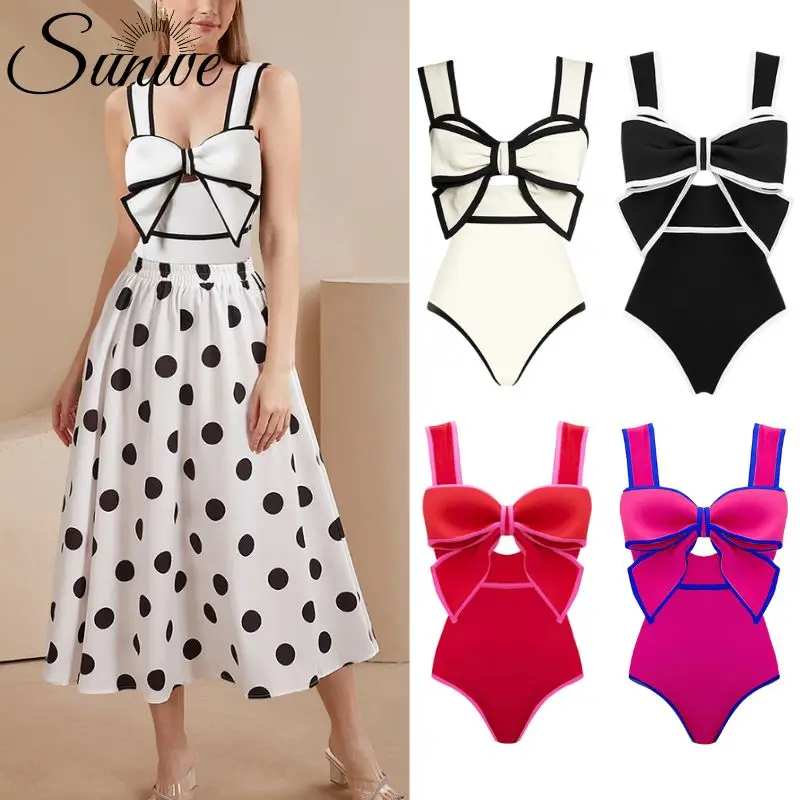 Sunwe Black White Retro One Piece Swimsuit Women Bow Tie Swimwear with Skirt Bathing Suit Monokini Beach Bodysuit Beach Wear