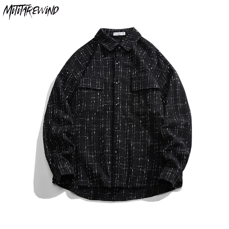 

Fashion New Solid Plaid Jacket Men Oversized Loose Turn Down Collar Streetwear Y2k Outwear Spring Autumn Casual Loose Male Coats