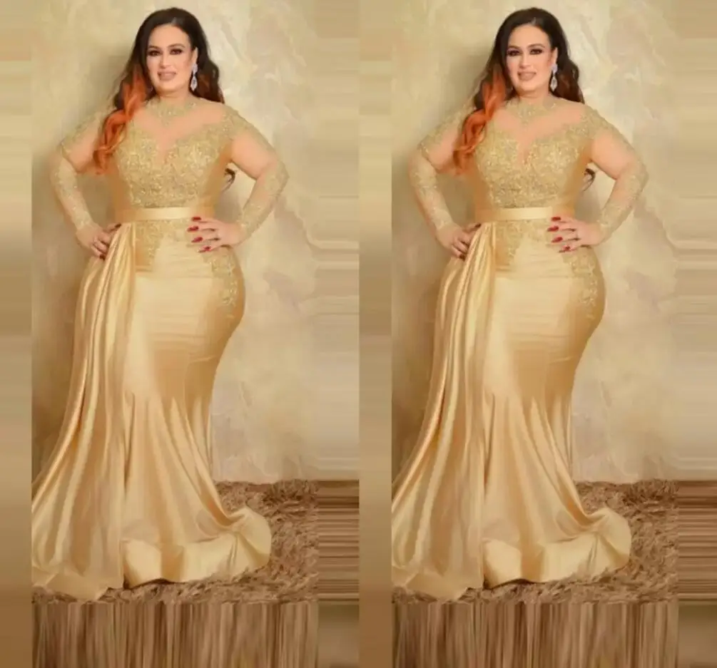 

Plus Size Evening Dresses With Long Sleeves Gold Lace High Neck mermaid Special Occasion Dress Mother Of The Bride dress