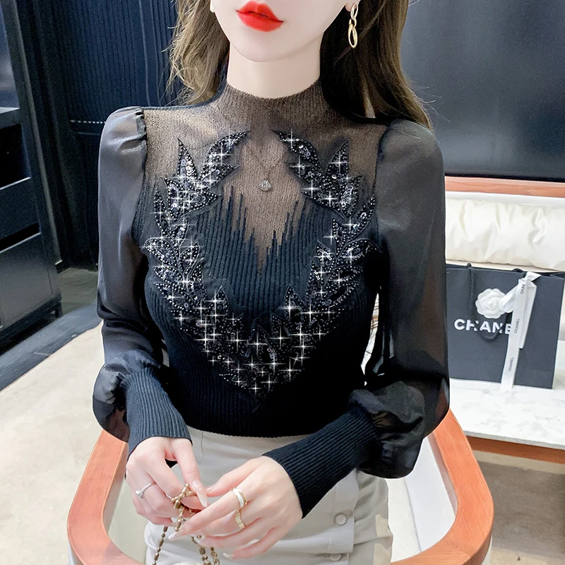 سترة نسائية محبوكة لخريف وشتاء  سترة تريكو مثيرة برقبة عالية قميص ماسي بأكمام طويلة بلوفرات