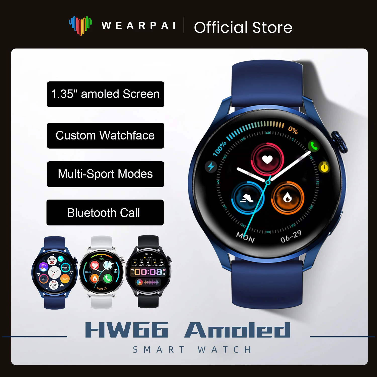 Смарт-часы Wearpai HW66 мужские умные часы с AMOLED экраном HD функцией измерения
