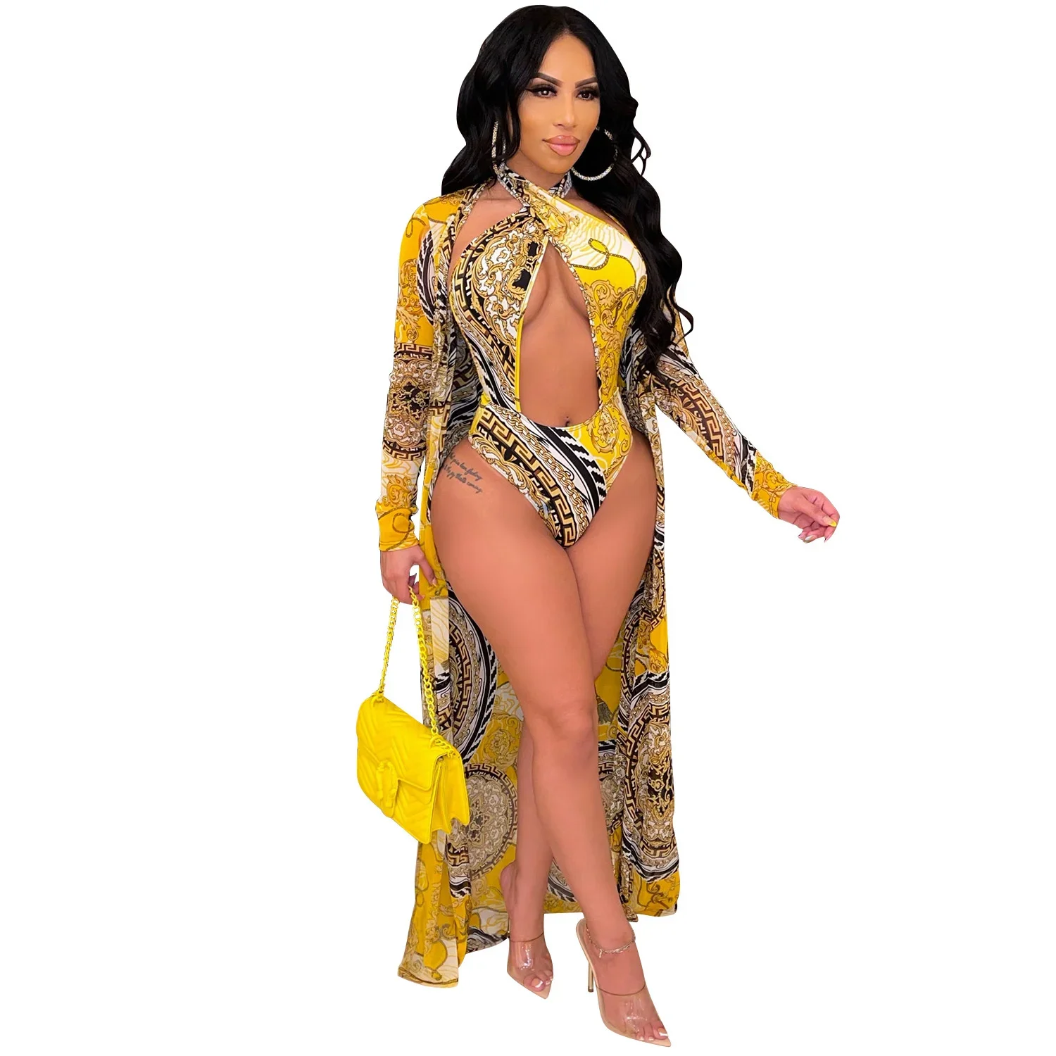 

Summer Swimsuits Women's Bodysuit One Piece Bathing Fashion Sexy Printed With Long Sleeve Shawl Top 2 Set Outfits