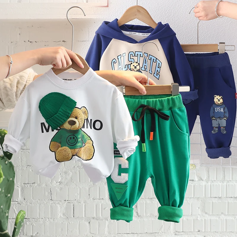 Spring Children's suit new children's sports leisure hooded set boy and girl baby black cartoon pocket bear sweater splicing set kids clothing set,girls clothing set,kids sports suit,boys clothing set,children sports suit,kids sweatshirt set