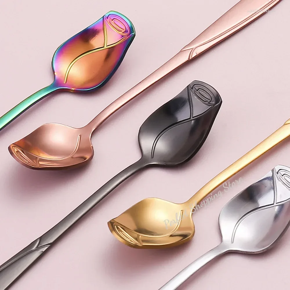 Stainless Steel Spoon Long Handle Teaspoon Rose Mixing For Dessert Honey Salad Tea Coffee