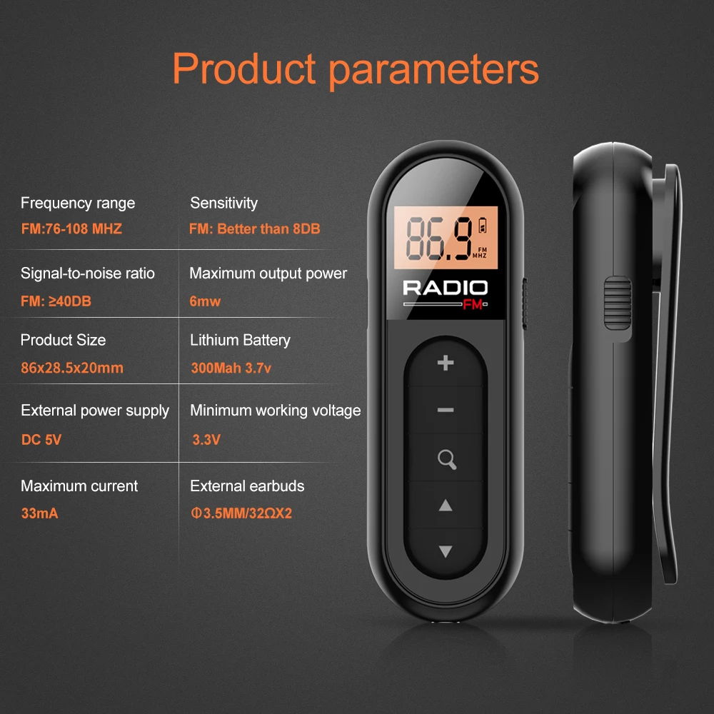 Mini Portable FM Radio Rechargeable with Clip Suitable for Meetings Tours Comes with Earphones