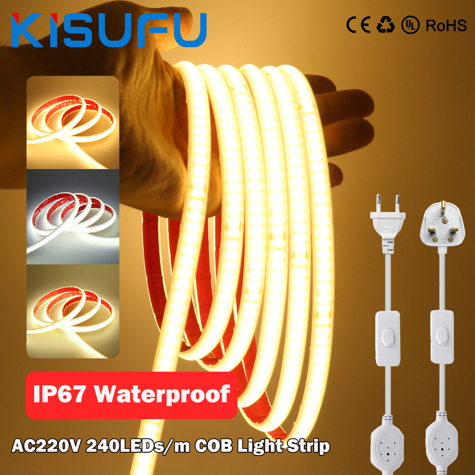 IP67 Waterproof 220V COB LED Strip Light 240LEDs/m Cuttable 10cm High Brightness Flexible Rope Tape with Switch EU/UK Plug 1-40M