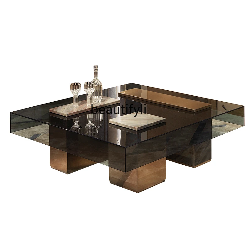 

Italian Minimalist Designer Coffee Table Tempered Glass Square Pier Table Living Room Stainless Steel Tea Table