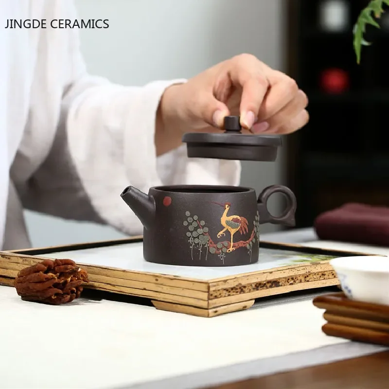 

Raw Ore Hand Drawn Crane Illustration Teapot Chinese Yixing Purple Clay Tea Pot Home Beauty Filter Kettle Tea Sets Gifts 220ml