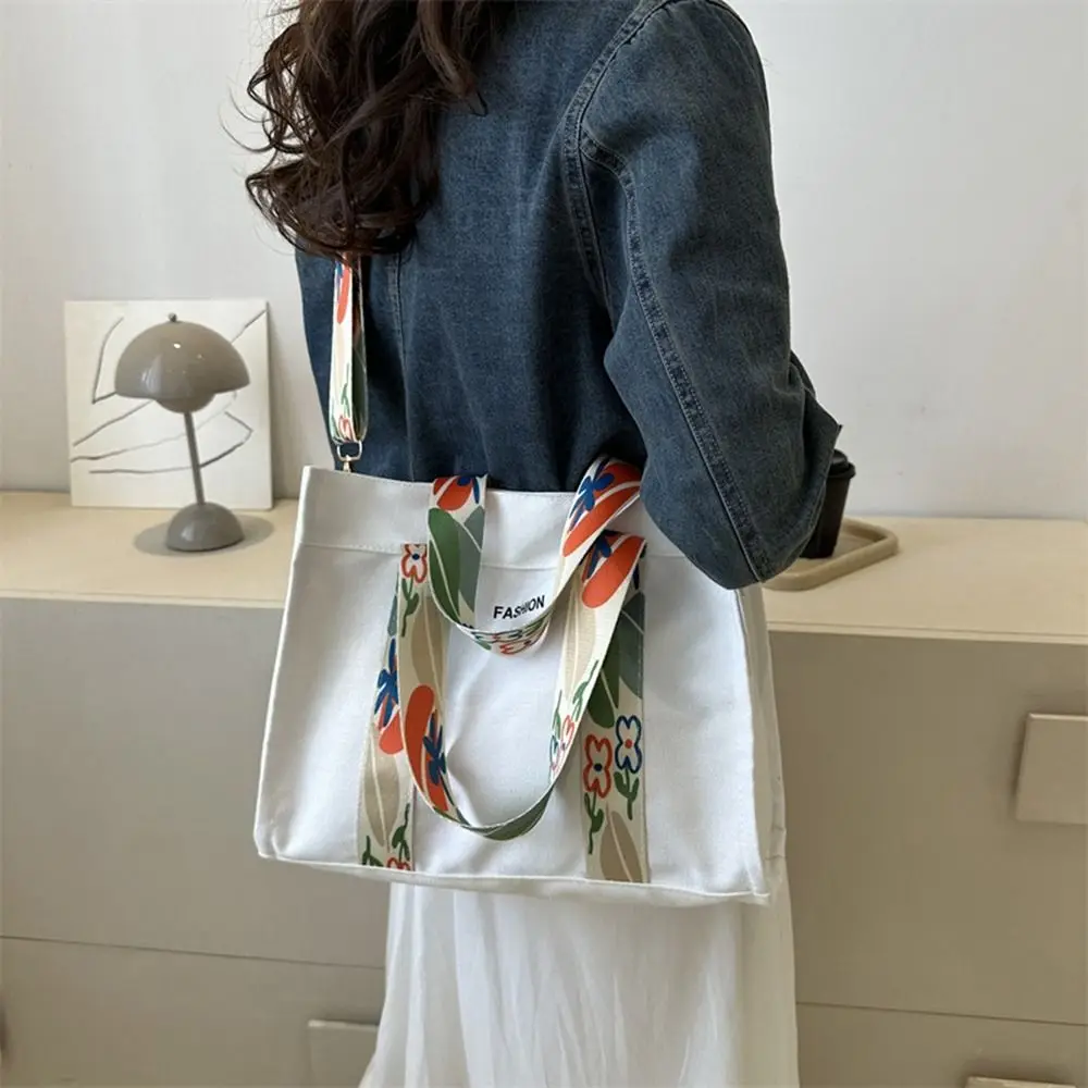 

Portable Simple Letter Canvas Bag Cute Casual Large Capacity Tote Bag Girl Embroidery Wide Shoulder Strap Handbag