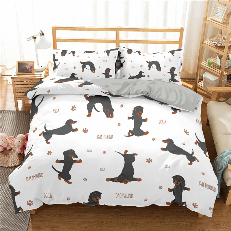 Cartoon Sausage Dog Pattern Down Bedcover Pillowcase 3D Cute Animal Bedding Set 2/3 Twin Queen Large Bedroom Cover 2