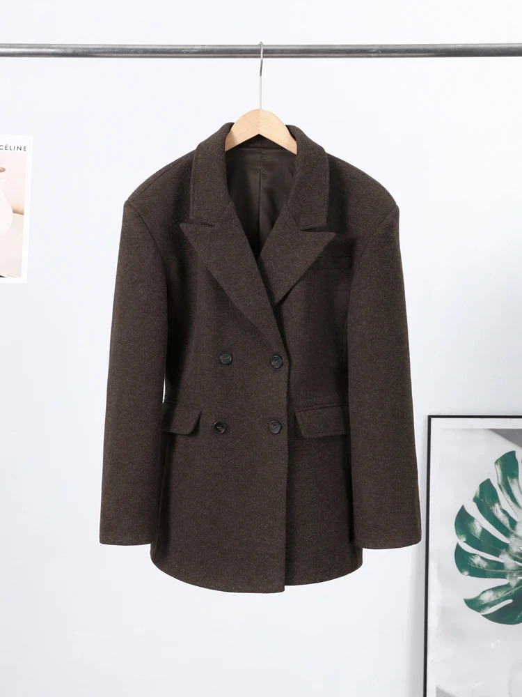 Revers Doppelreihiger Wollmantel für Damen Eleganter Langarm-Taillenmantel für Frühling und Herbst Neue Damen-Oberbekleidung – Detail 3