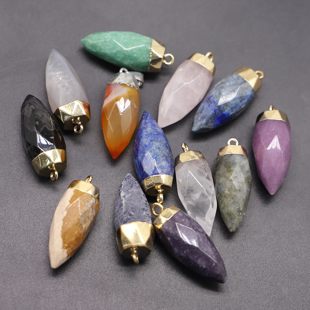 Natural Stone Gold Cone Healing Pendulum Faceted Pendants Rose Quartz Crystal Necklaces Charms DIY Jewelry Making Wholesale 8PCS
