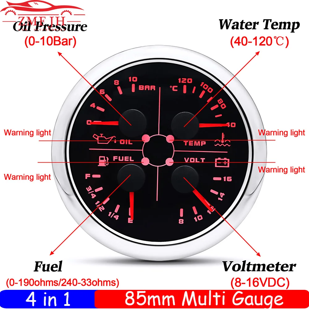 4 In 1 Oil Pressure+water Temperature+volt+fuel Gauge With Flashing