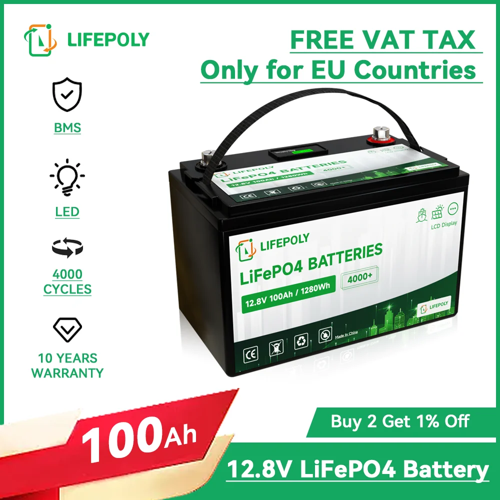 LiFePO4 12.8V 100AH Battery, Built-in 100A BMS, 4000+ Cycles