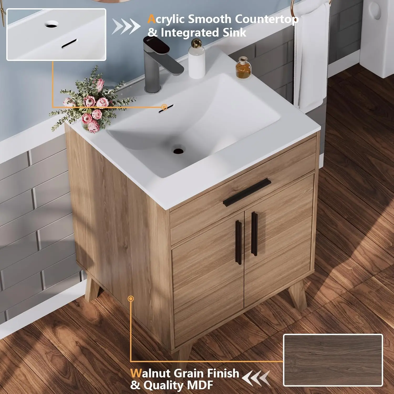 24.5" Bathroom Vanity with Sink Combo, Mid-Century Modern Small Single Bathroom Cabinet Set,Soft Closing Doors,Bath Vanity Brown 3