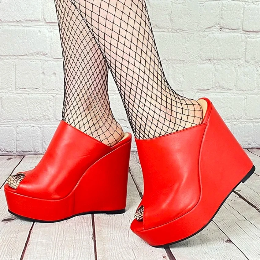 

Женские мюли ручной работы 2024, босоножки из матовой искусственной кожи на танкетке, красивые красные, розовые, белые туфли с открытым носком, женская модель 5-20