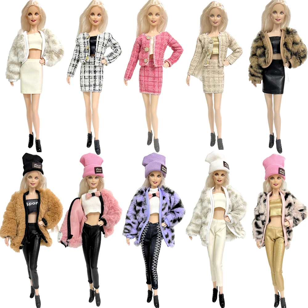 Barbies Doll Clothes Plush Jacket + Saia De Fato De Moda + Chapéu De Boina  Adequado Para Boneca De 11,8 Polegadas Casual Clothing Free Shoe Gift  (Somente Roupas)