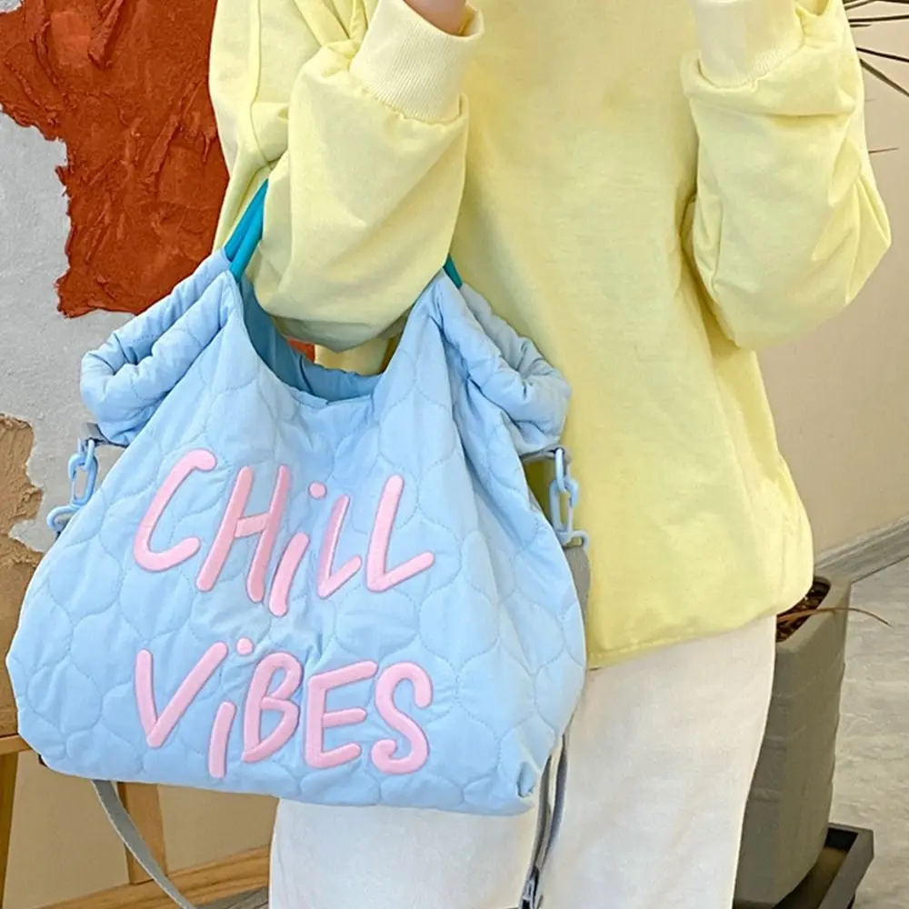 

Large Capacity Cream Color Crossbody Bag Travel Korean Style Letter Embroidery Tote Bag Handbag Space Cotton Shoulder Bag Gift