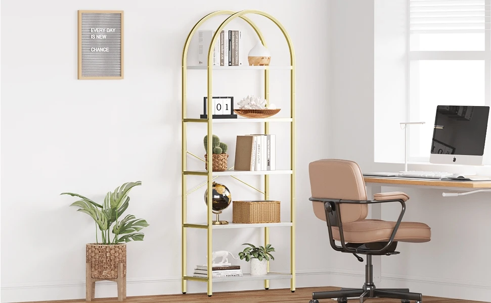 Description Picture 3 of itemUS  Bookshelf 5 Tier Bookcase Arched Display Racks Tall Standing Bookshelves Metal Frame Rustic Storage Rack Shelf Brown Book