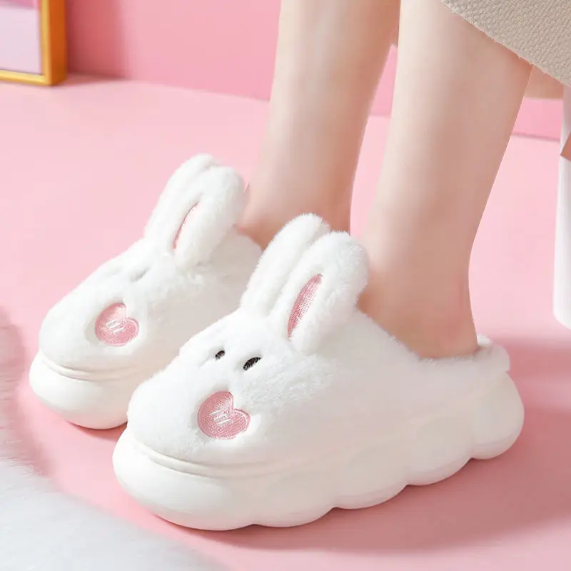 White Rabbit Ear Fluffy Slippers Women Winter Shoes Ladies