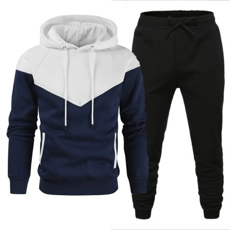 2024 Autumn/Winter New Men's Set Spliced Color Contrasting Hoodie Fashion Casual Sports Pants Two piece Sweater Guard Pants Set