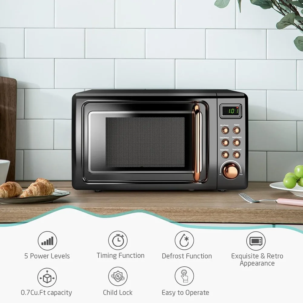 Countertop Microwave Oven, 0.7 Cu Ft Small Microwaves with Defrost, 5 Micro Power, 8 Auto-cooking Set & Child Lock, Microwave