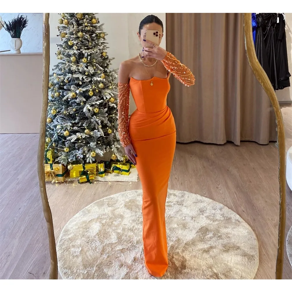 Evening  Sexy Casual  Jersey Pleat Beading Valentine's Day A-line Strapless Bespoke Occasion Gown Long Dresses