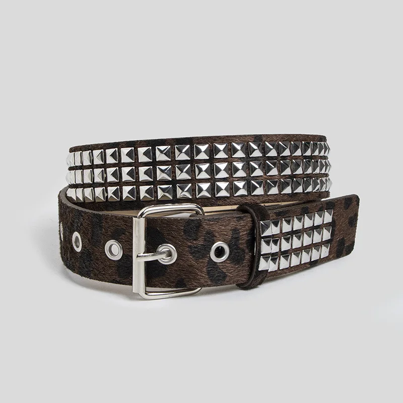 Punk Pink Leopard Print Studded Fur Belt with Pin Buckle