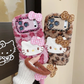 Alternative view of Cute Hello Kitty Leopard Print Furry Plush Winter iPhone Case