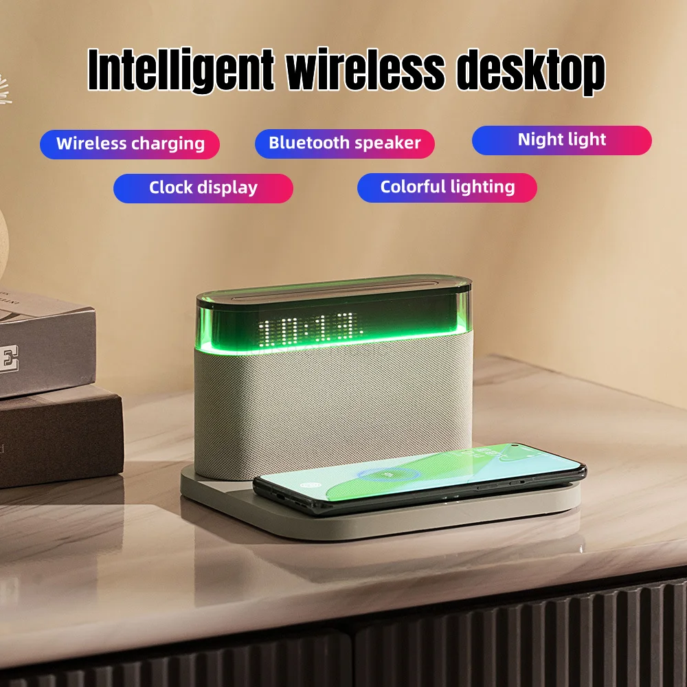 

Bedroom Digital Alarm Clock Max 15W Wireless Charging Touch Adjustable Brightness Bedside Lamp Snooze Charger Bluetooth Speakers