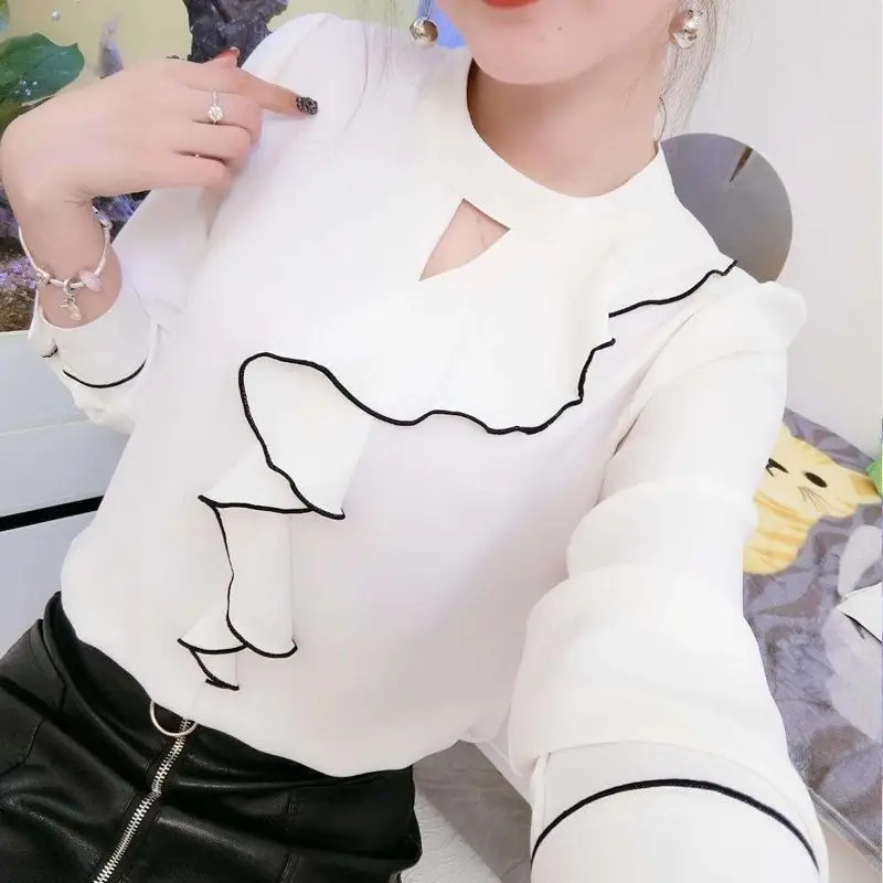 Women Early Autumn New Korean Version Chiffon Ruffles Elegant Solid Color Loose Versatile Temperament Long Sleeves Top