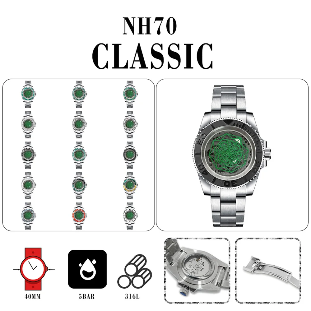 

40mm Men Mechanical NH70 Watch Steel Case Sapphire Glass Skeleton Dial Green Dial Hands GMT Dual Color Bezel 20MM Oyster Band
